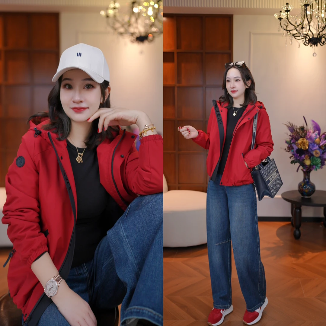 JDND轩羽【玫瑰红】羊毛撞色外套拼接连帽立领加厚冲锋衣XY25511