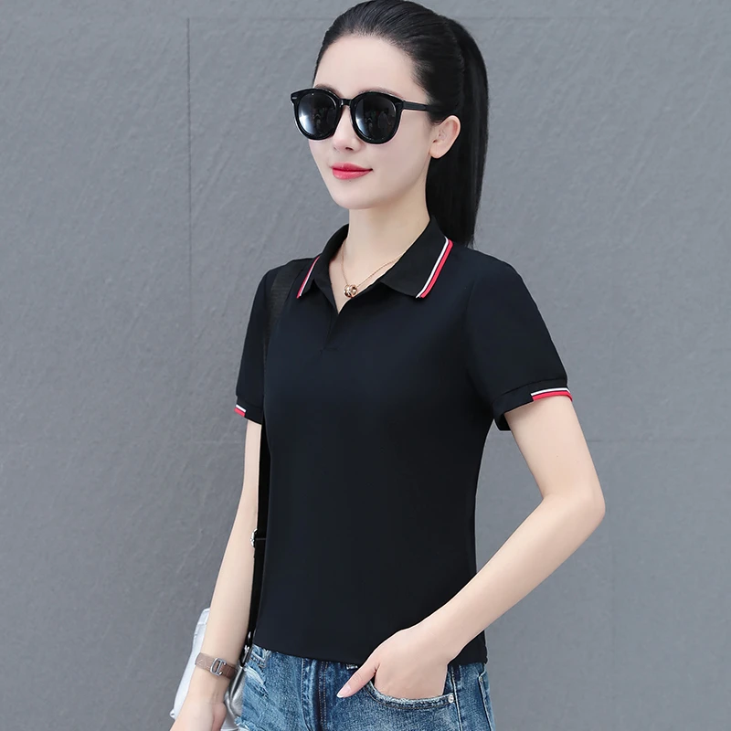 中年妈妈夏季时尚休闲短袖棉T恤中年女翻领POLO衫百搭运动服上衣