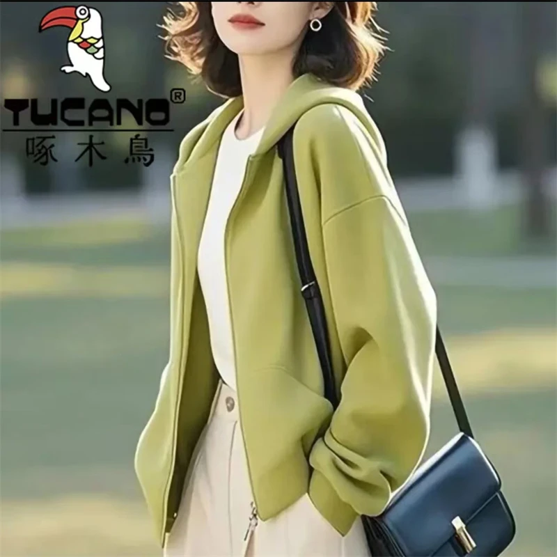 啄木鸟纯棉新款休闲运动卫衣女春秋长袖外穿连帽套头上衣简约通勤