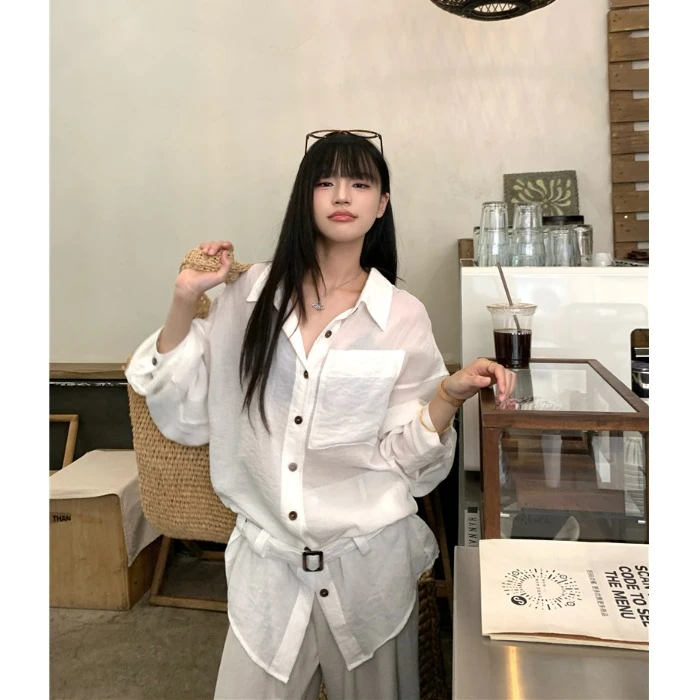 薄款微透长袖防晒衬衫女装夏季衬衣外套慵懒风宽松中长款休闲上衣