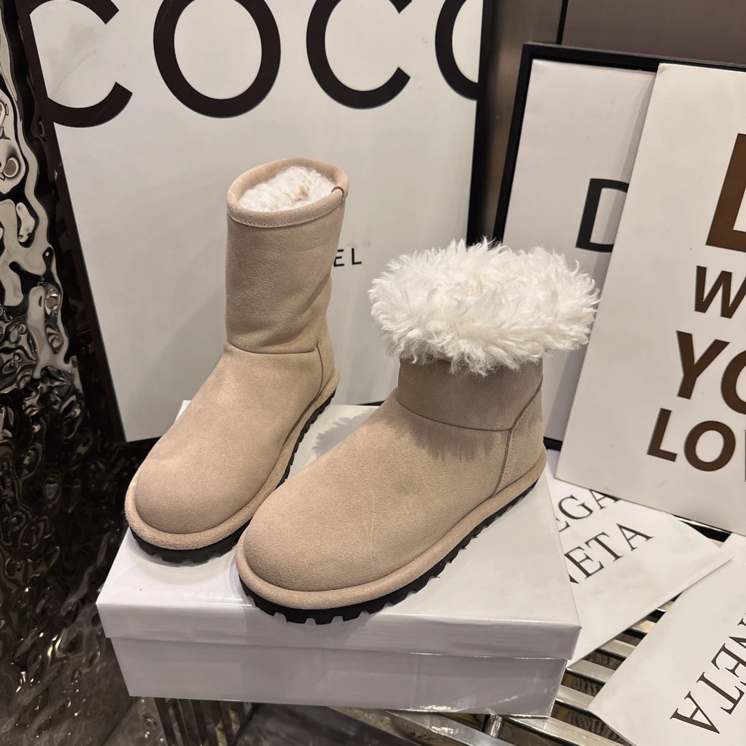 加绒磨砂皮靴子冬季秋冬时尚中跟低跟时尚雪地靴筒靴百搭真皮厚底