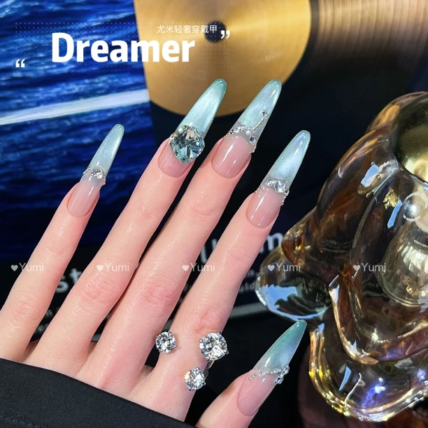 【青提玻璃珠】长款手工穿戴甲显白春日美甲高级感曼波玻璃珠猫眼