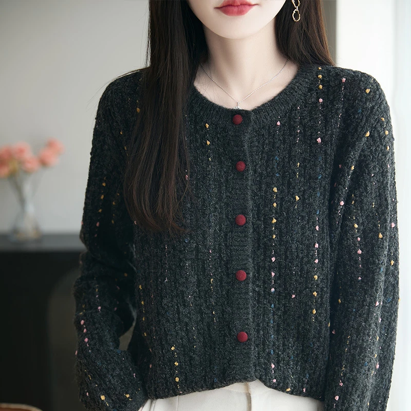 25年秋冬新款特种纱圆领针织开衫长袖女撞色宽松百搭设计感上衣Y