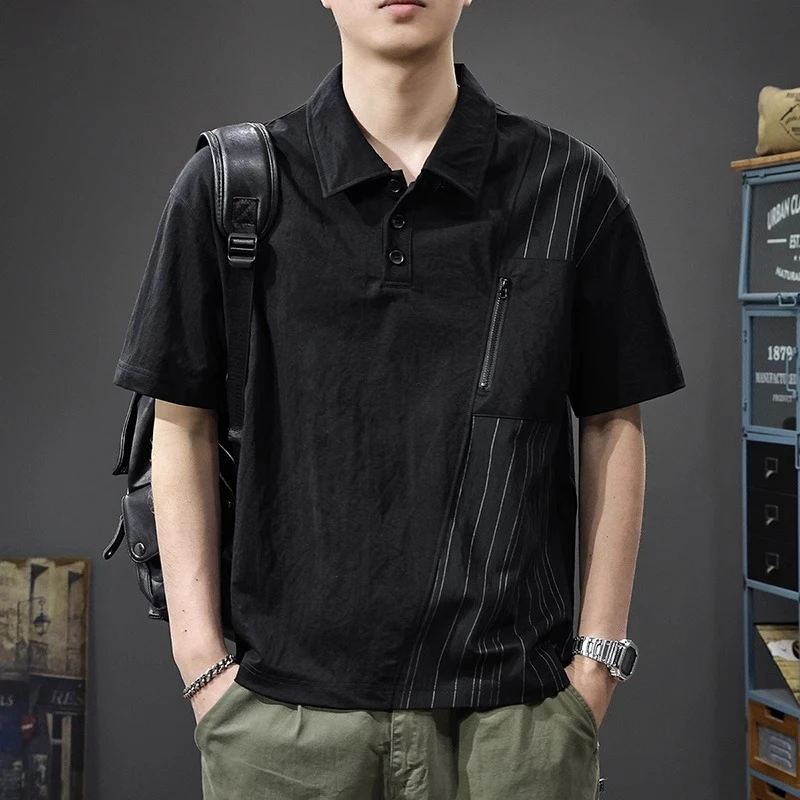 夏季薄款亚麻短袖Polo衫男宽松大码男装重磅ins撞色半袖T恤潮