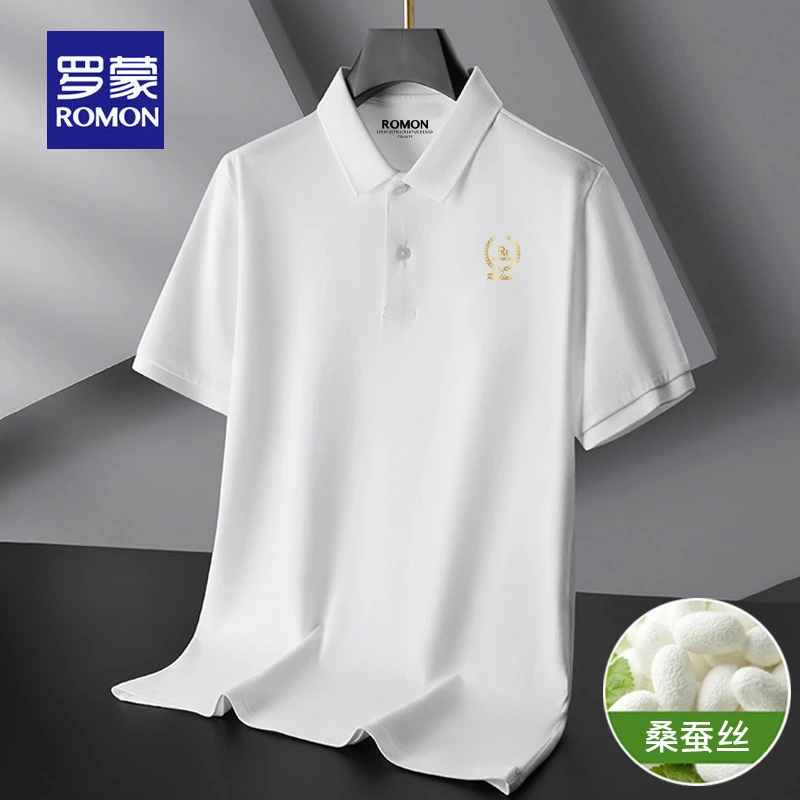 罗蒙男士翻领桑蚕丝冰感POLO衫短袖T恤2025夏季薄款商务半袖上衣