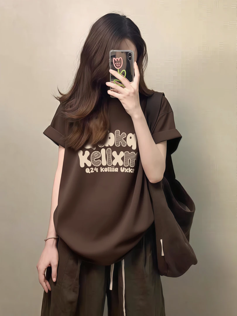 大码纯棉复古字母印花短袖t恤女款爆款2025新款宽松慵懒风上衣服