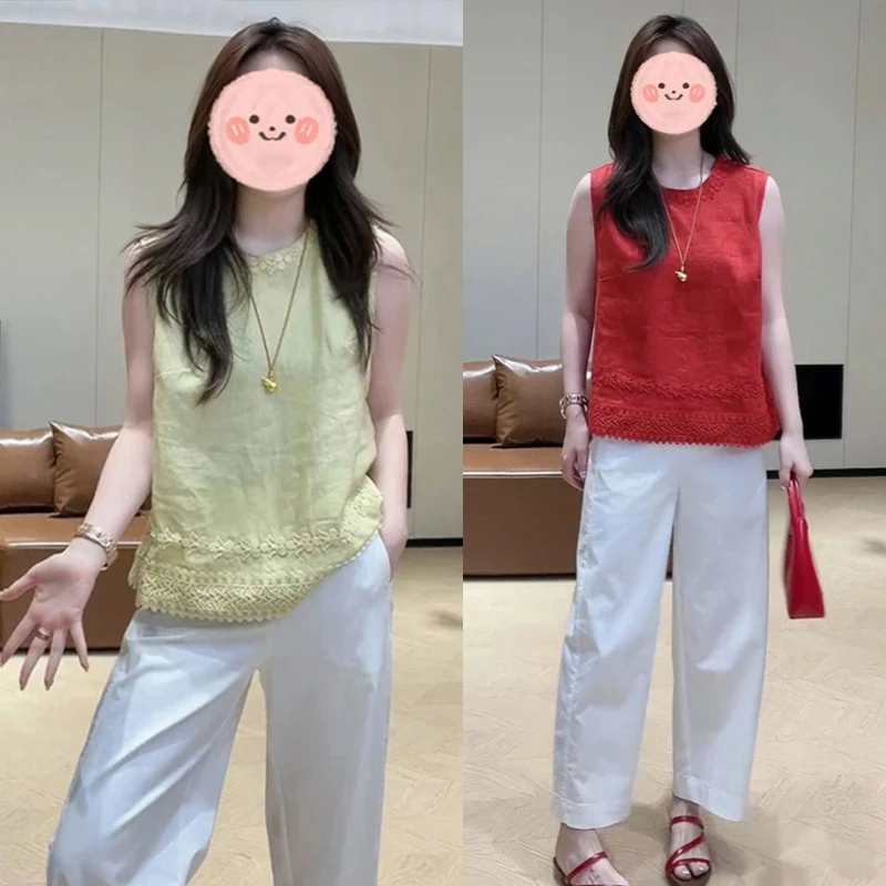 2025夏新款韩版花边领衬衣设计感红色背心上衣高腰遮肉休闲裤套装