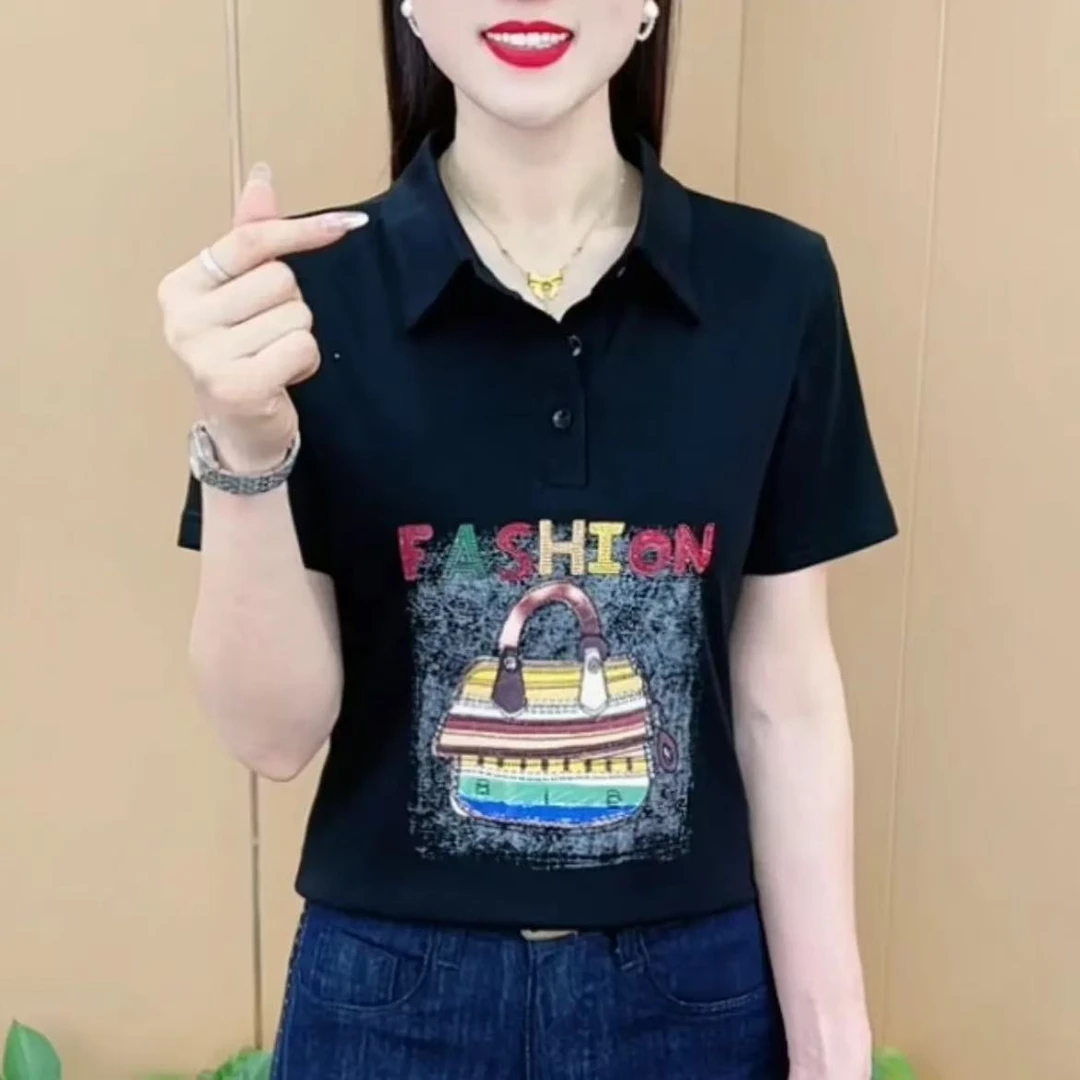 夏季新款时尚洋气翻领印花韩版T恤气质显瘦减龄百搭女士短袖上衣