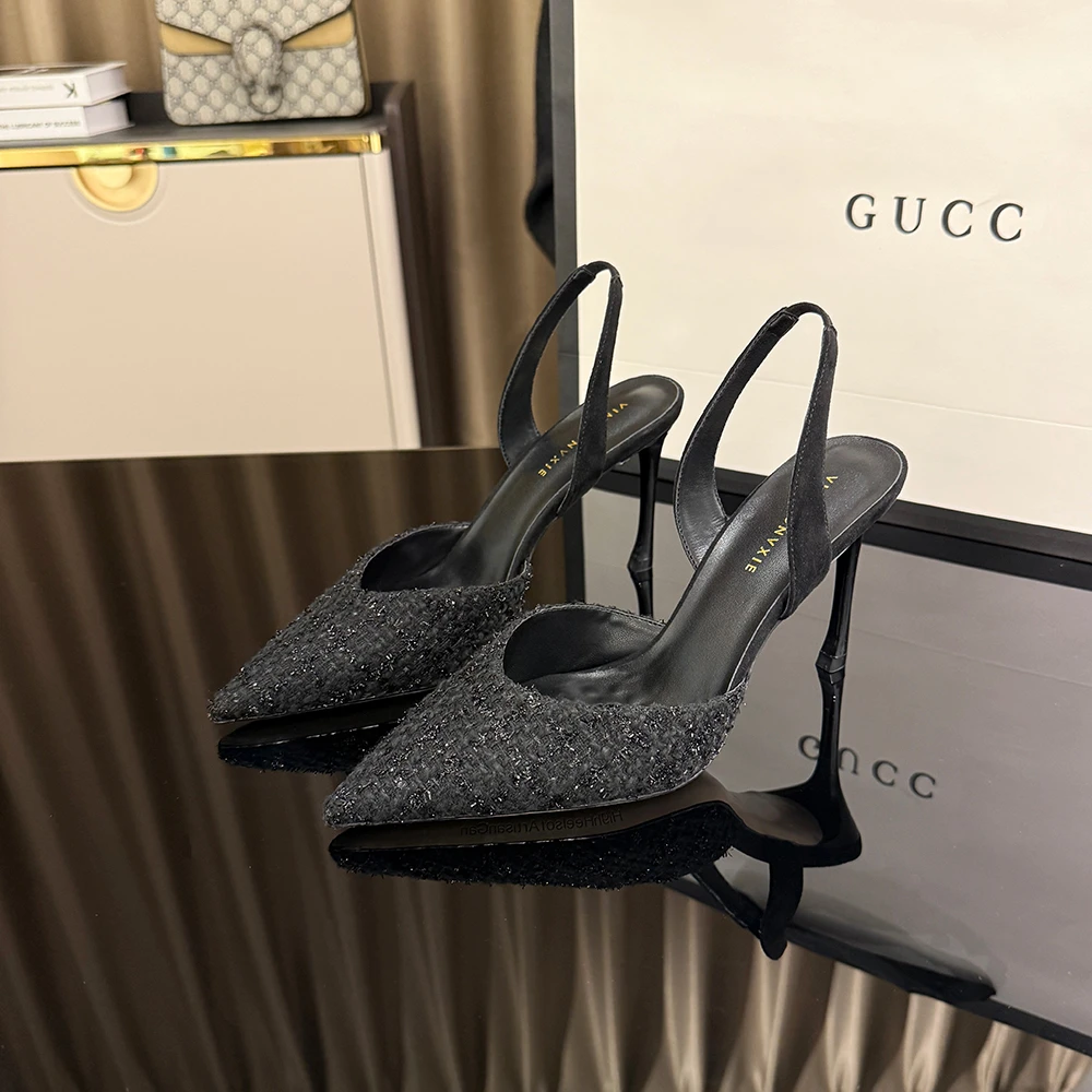 甘师傅匠心之作真皮高跟鞋小香风浅口法式气质细跟包头凉鞋女黑色