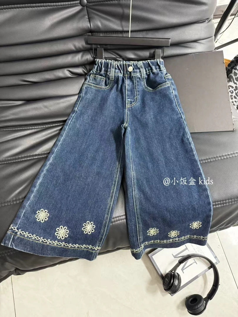 现货~女童刺绣牛仔裤花边牛仔裤2025春秋阔腿裤