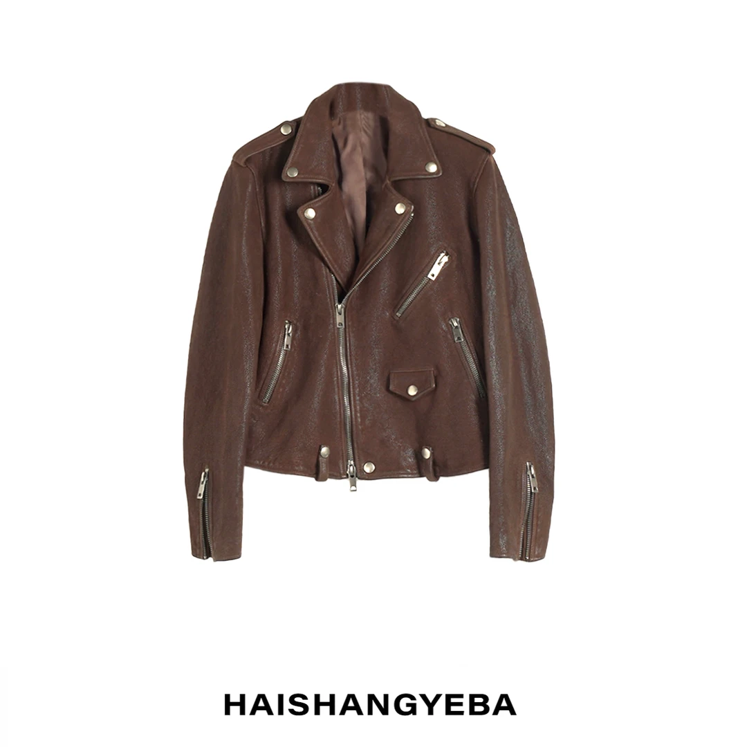 【海上叶爸】新款2025春秋百搭羊皮革翻领多拉链短款皮衣