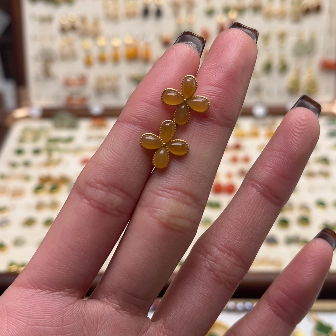 和田玉银S925镀金镶嵌耳饰