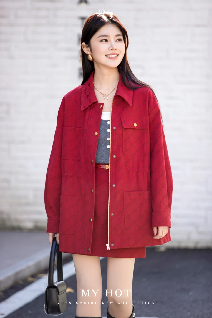 H424313756四季女薄款长外套POLO领直下摆宽松型风衣