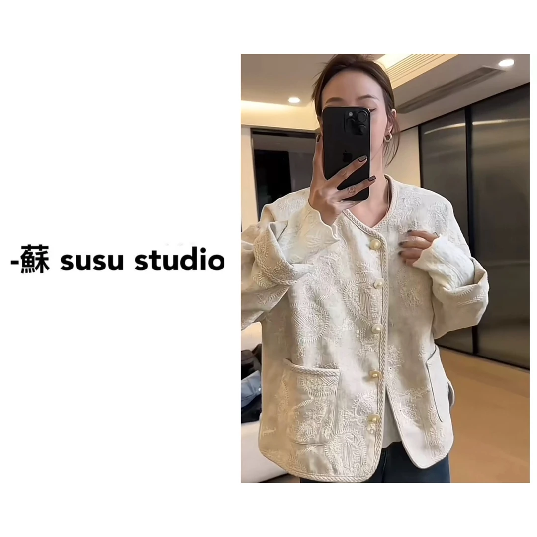 HM新中式腰果花刺绣立体包边外套女2025新款小众设计长袖上衣