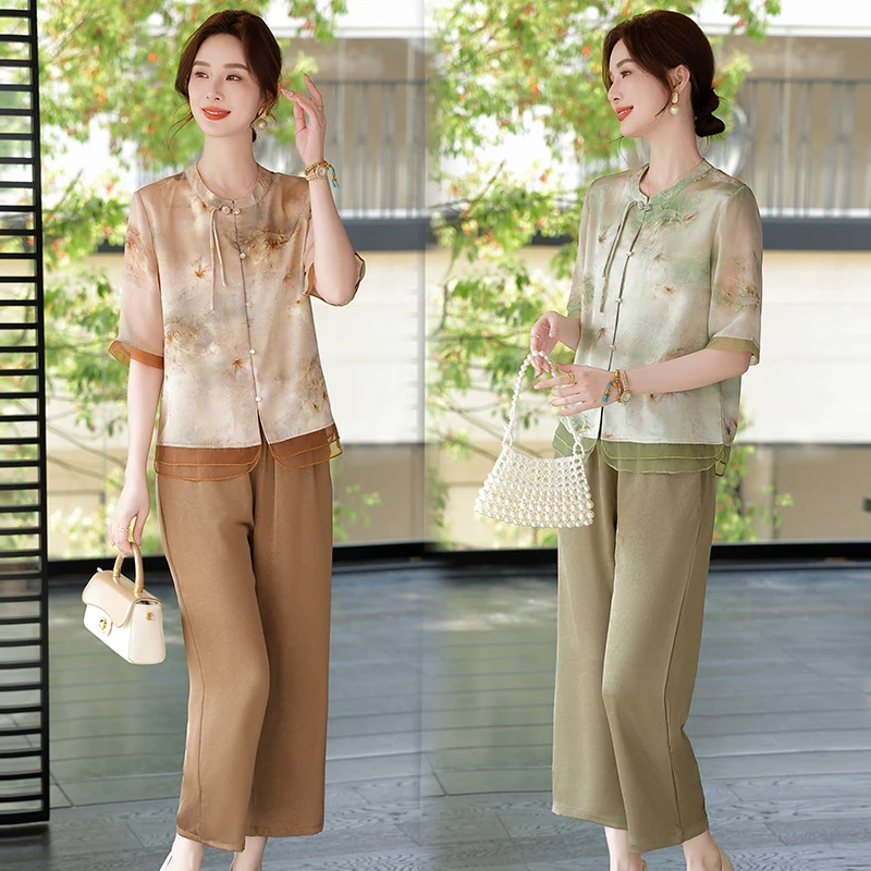 妈妈夏季国风小衫休闲套装中老年女装遮肉显瘦减龄盘扣气质两件套