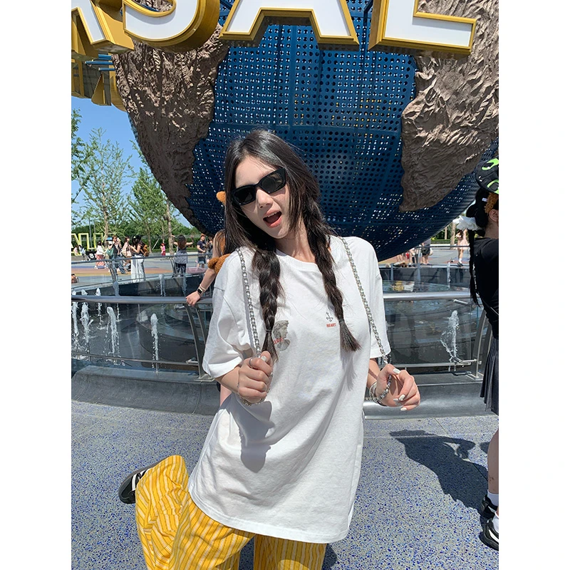 王少女的店 白色宽松印花圆领T恤夏季休闲舒适感上衣 T35088S52