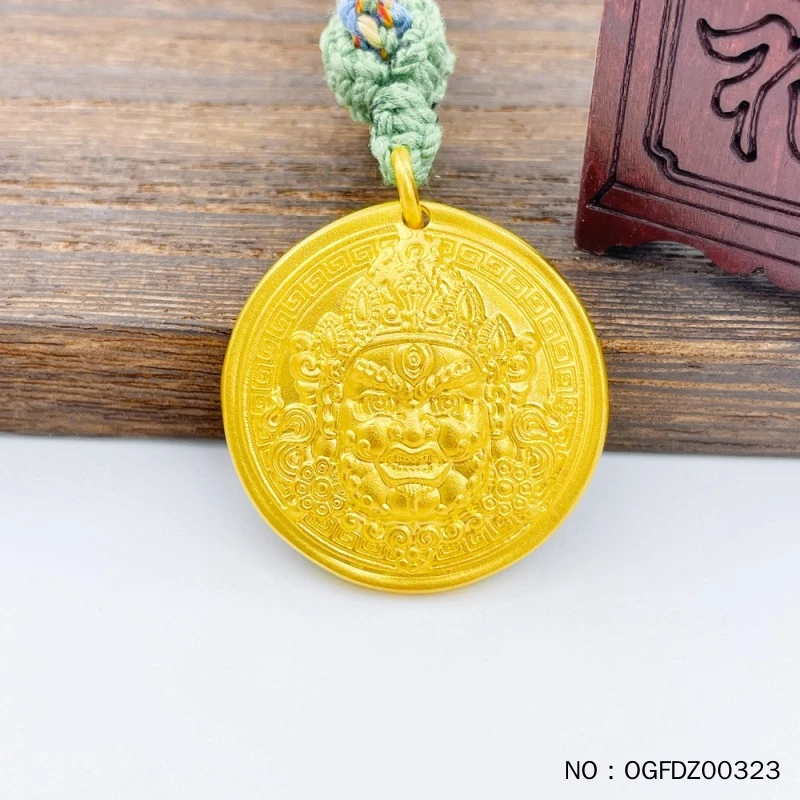 足金999古法实心手工錾刻黄财财吊坠