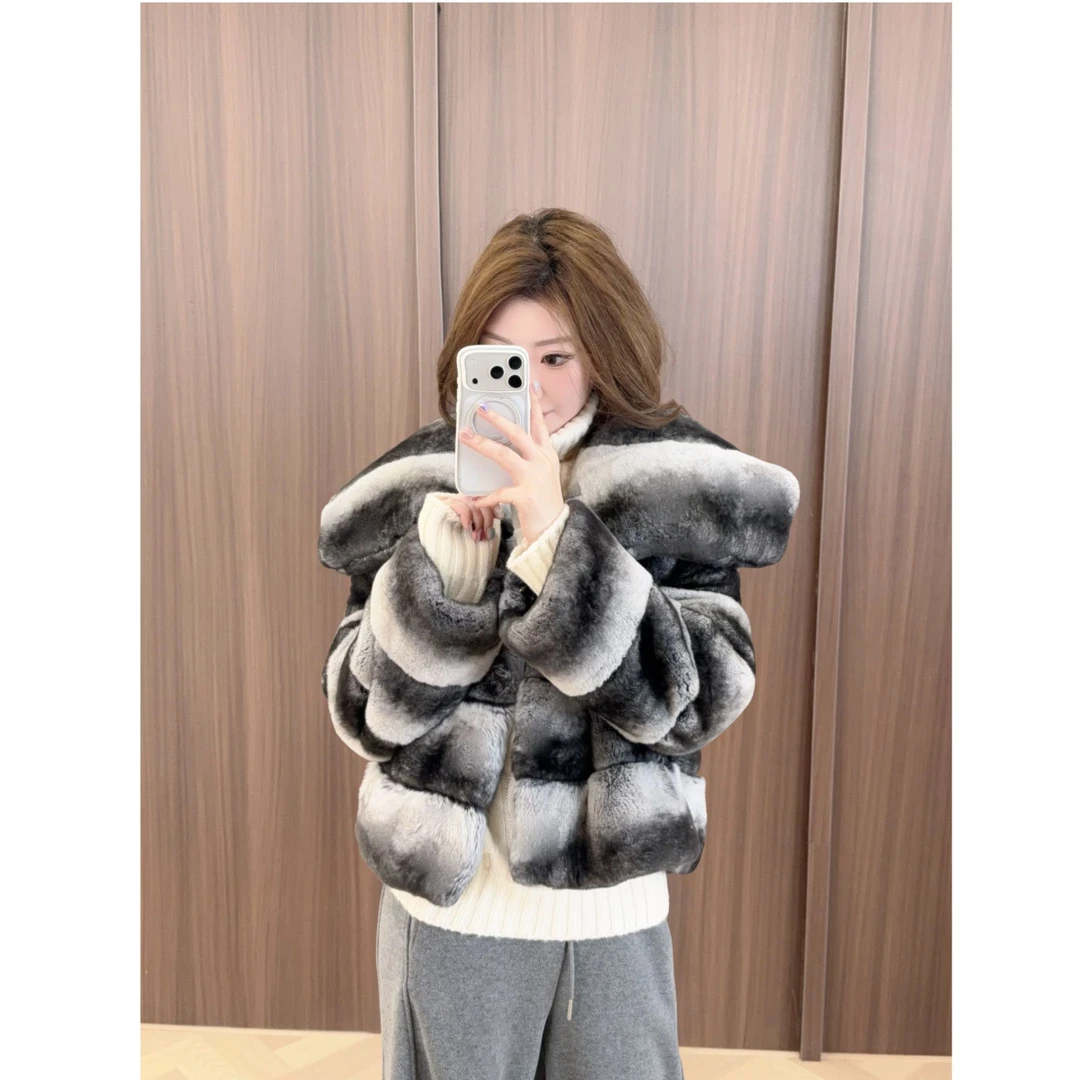 QIXIAOYAO.皮草丝绒青紫蓝兔皮毛一体皮草外套冬季新#YTXNQ25T49