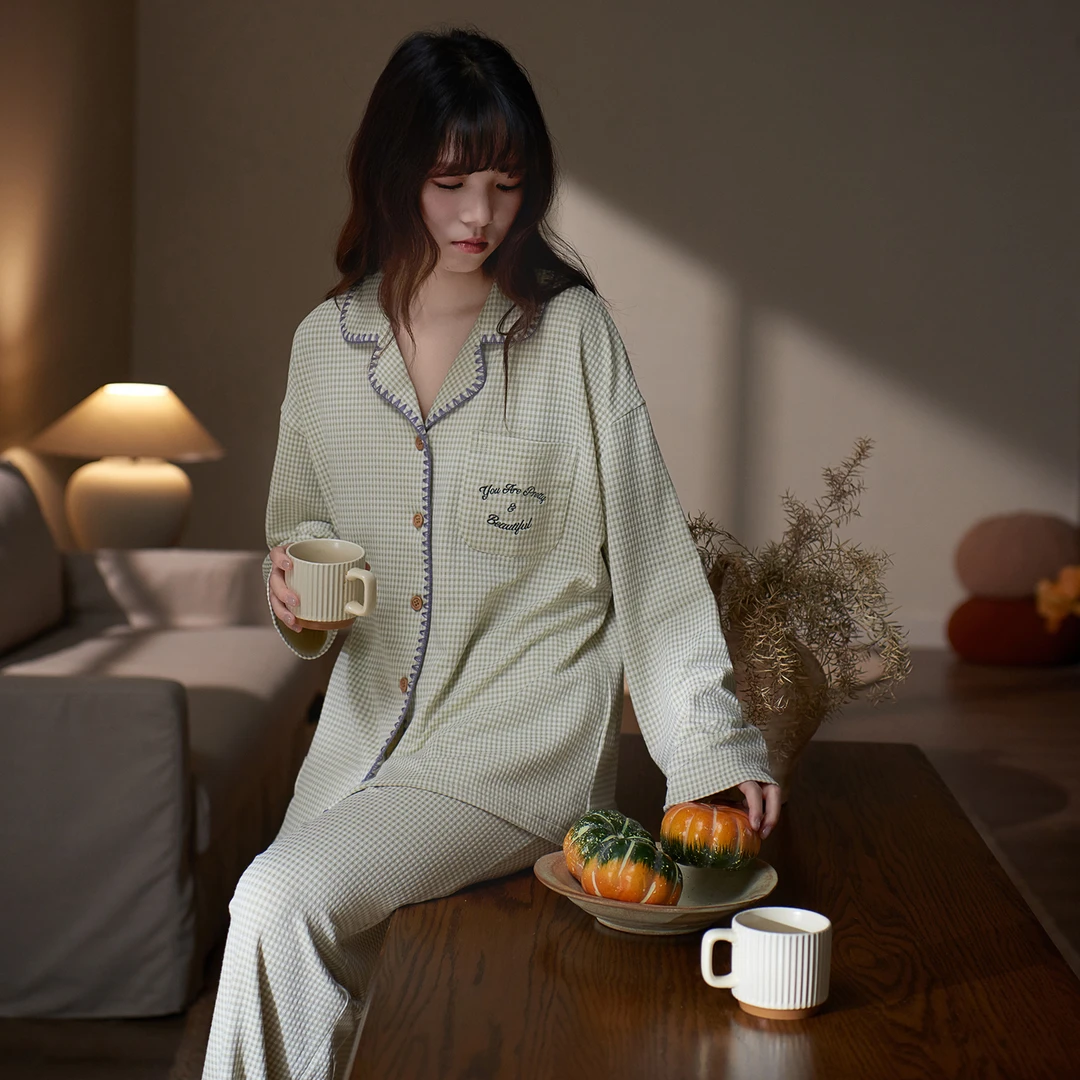 思莉太太春秋款长袖睡衣女士韩系格子高级感休闲小个子家居服套装