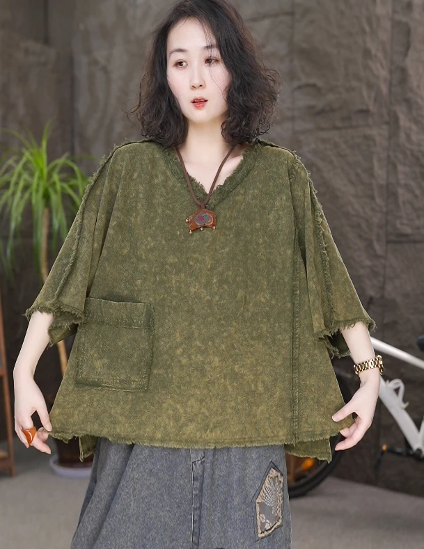 夏季新款砂洗炒色棉质毛边上衣女