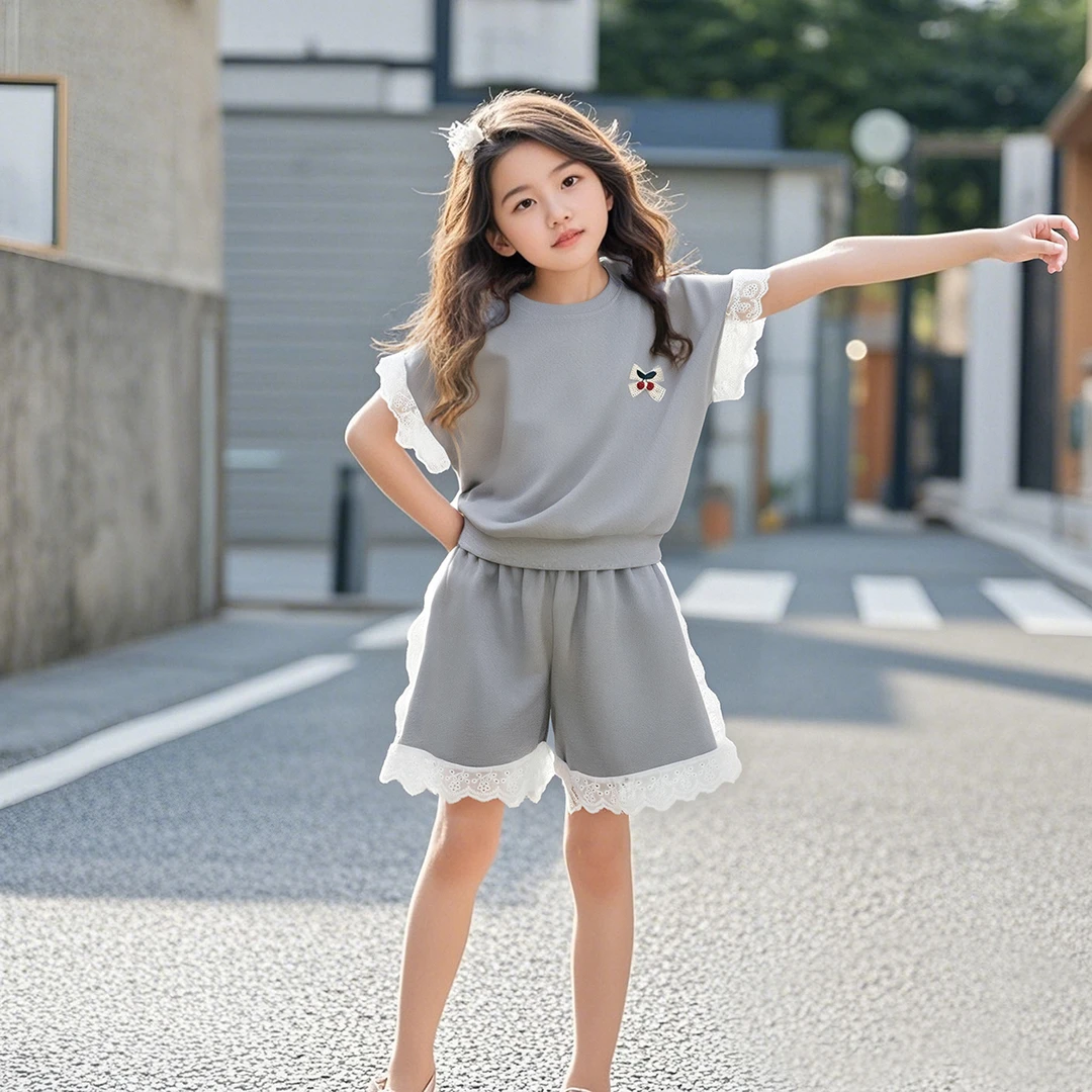 女网红童装常规纯色时尚夏天宽松夏装公主风运动夏季套装韩版