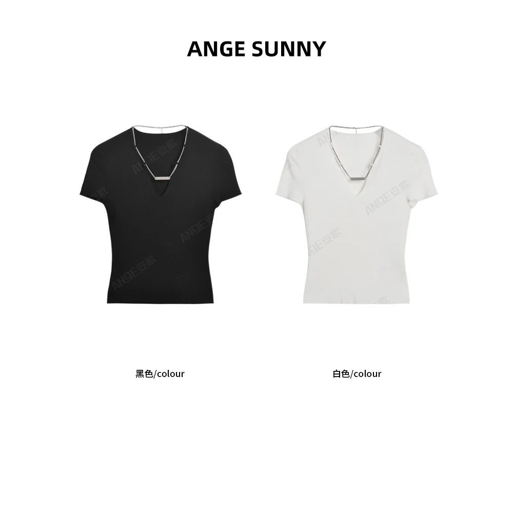 ANGE SUNNY【V领铭牌上衣】设计感字母链条百搭针织短袖T恤