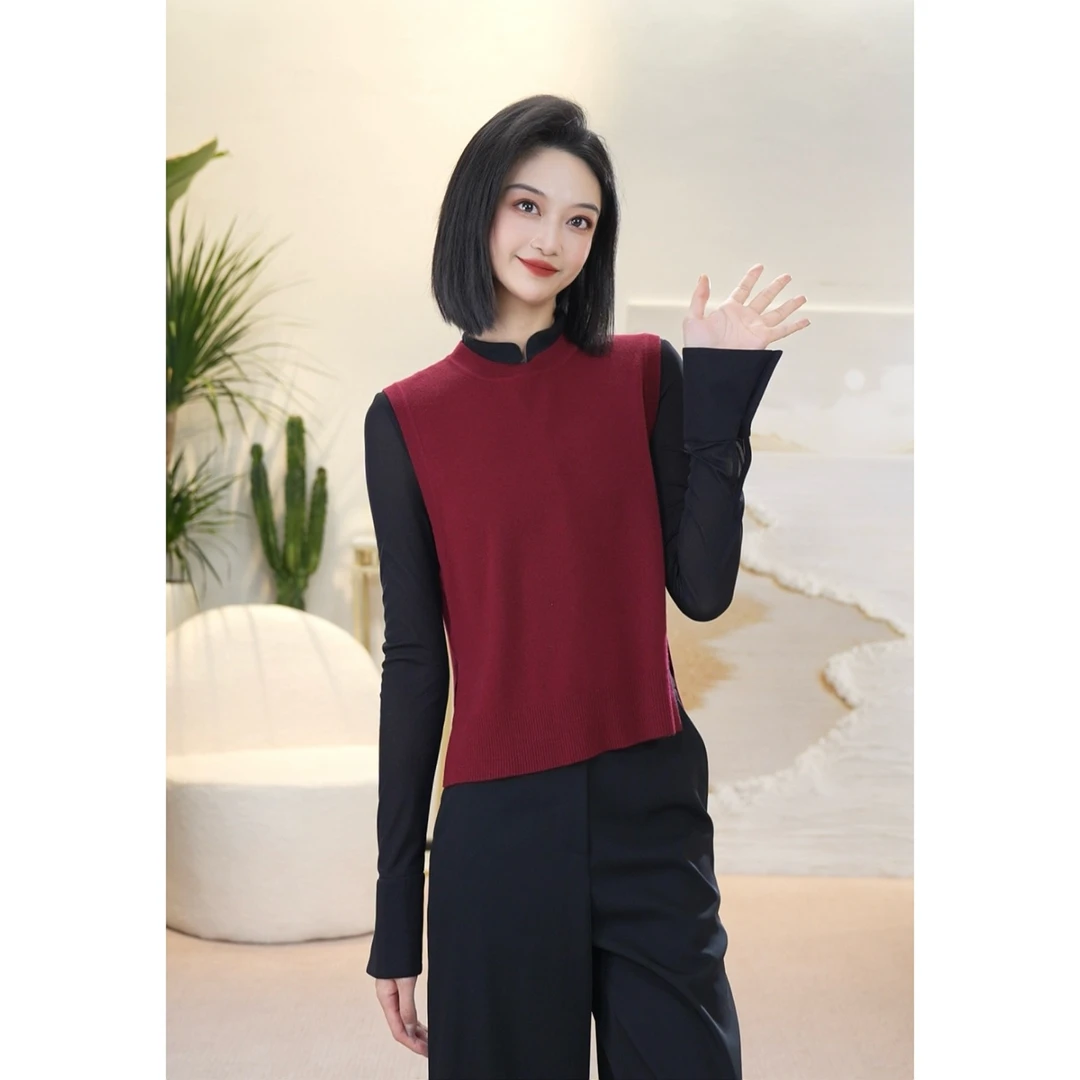 GIRDEAR/哥弟秋冬百搭时尚造型感开叉套头绵羊毛针织马甲1399701