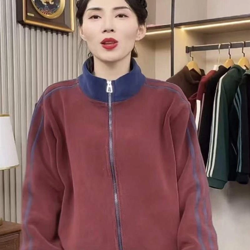 冬季加绒加厚双面奥利绒休闲减龄百搭洋气拼色外套8088款