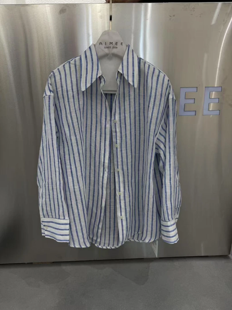 宽松条纹慵懒风长袖亚麻垂感衬衣