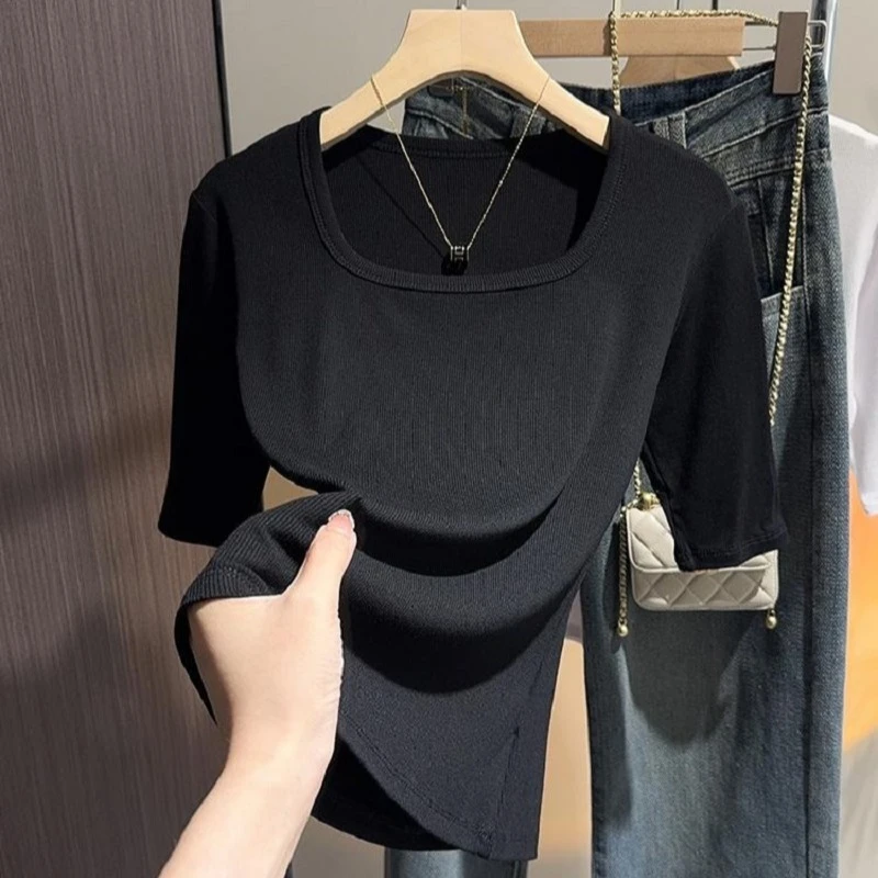 黑色螺纹方领中袖打底衫女显瘦气质五分袖洋气上衣服大码修身T恤