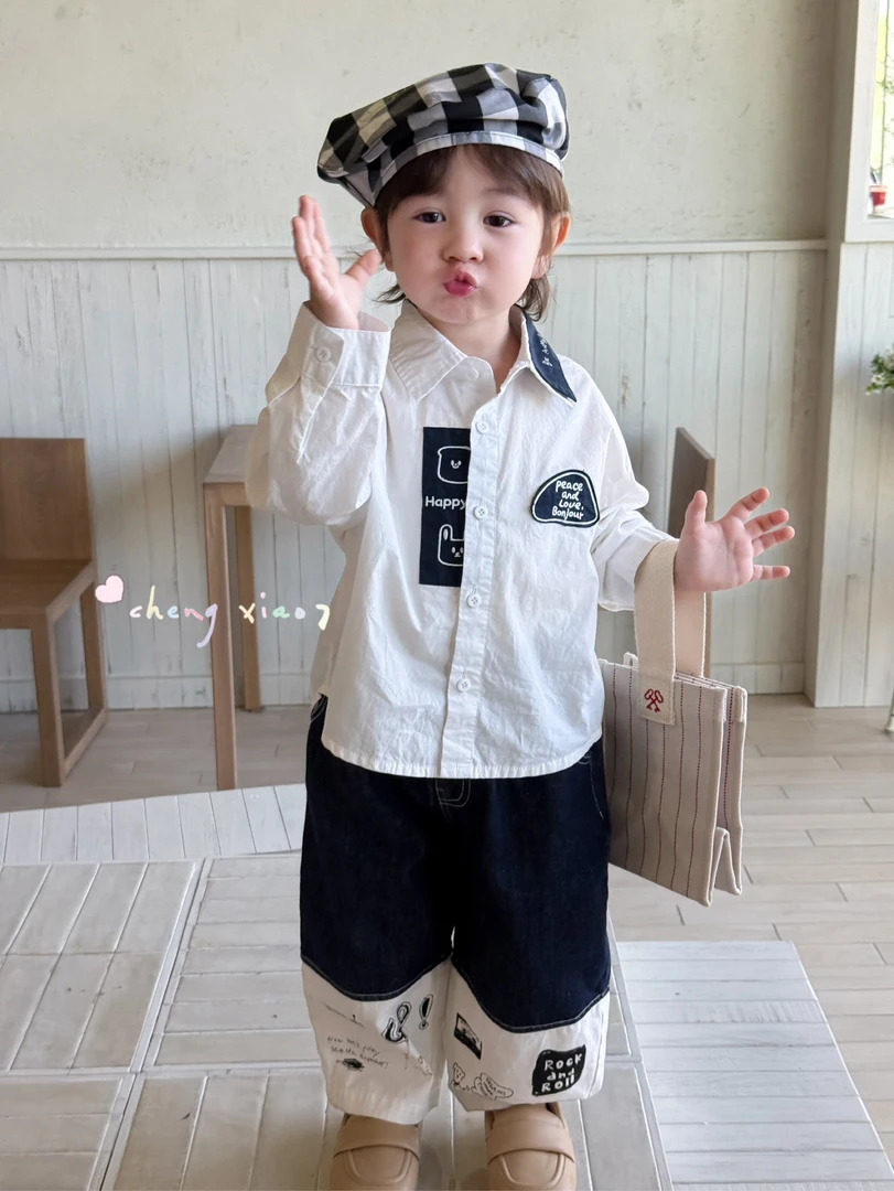 橙小七2025春新款男童小童学院风衬衫洋气长袖衬衣直筒宽松休闲裤