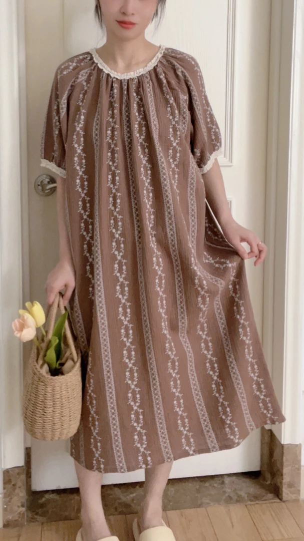 夏季纯棉双层棉纱短袖家居服长裙