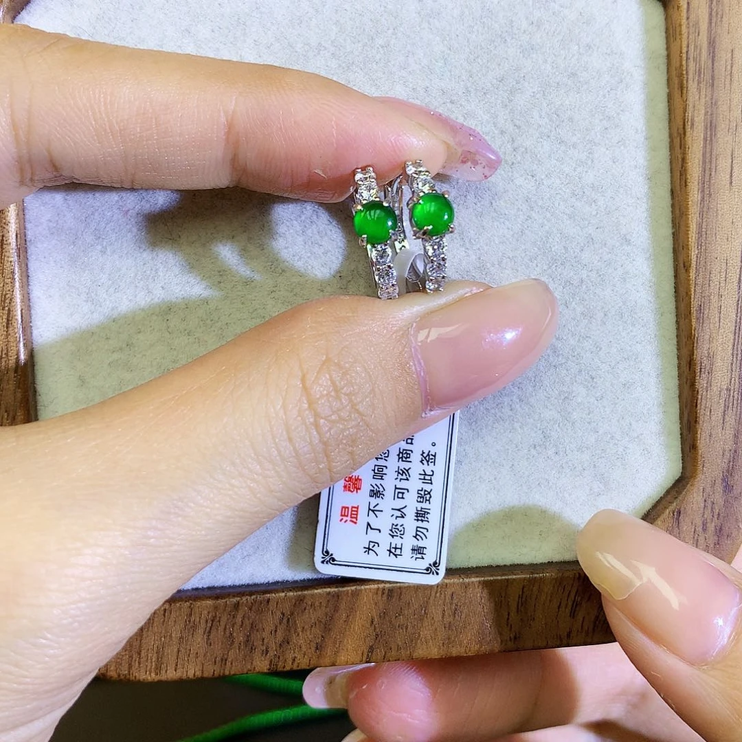 翡翠耳饰银S925镶嵌天然翡翠耳包
