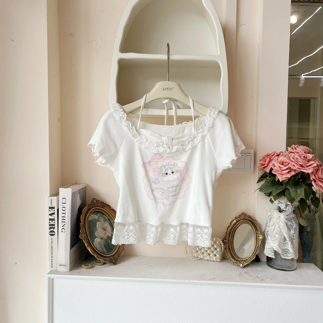 LHTE青青大码女装 夏季新款短袖设计感可爱小猫C7811白色