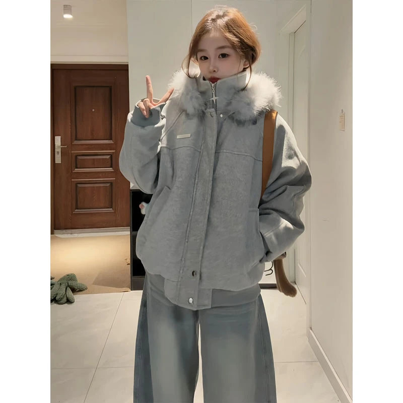 灰色美式复古连帽毛呢棉服男女冬季加厚保暖毛领拼接情侣棉衣外套