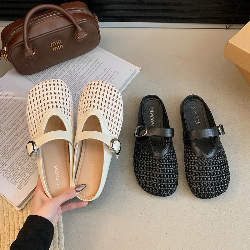 凉拖春夏半拖网面2025年新款包头拖平底百搭时尚镂空软底拖外穿