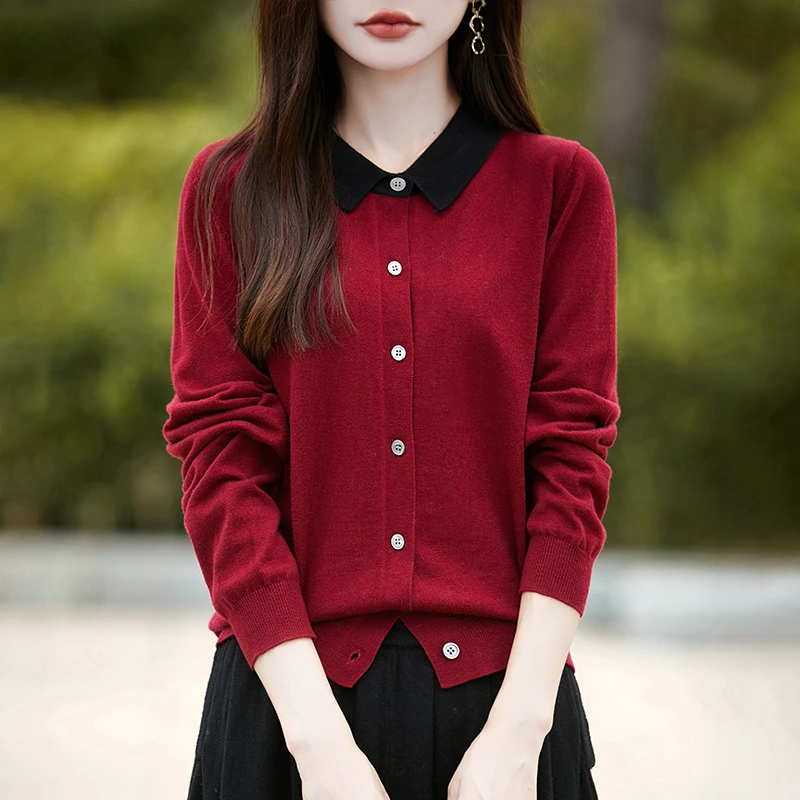 2026新款品牌娃娃领撞色针织开衫新年红色羊毛外搭上衣