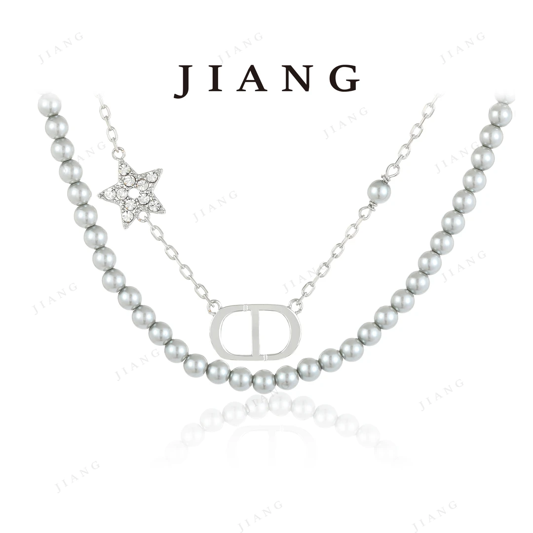镀K金【星芒珠链 】时尚轻奢CD五角星灰珠珠项链 4592