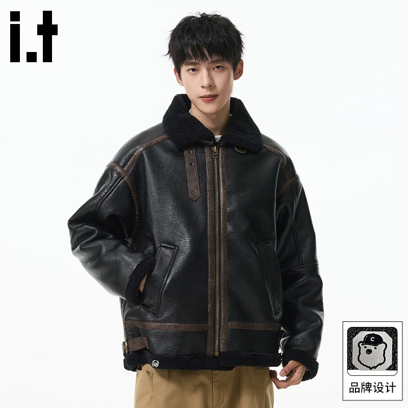 it: CHOCOOLATE羊羔绒拼接皮衣夹克男士2025冬季加厚保暖棉服外套