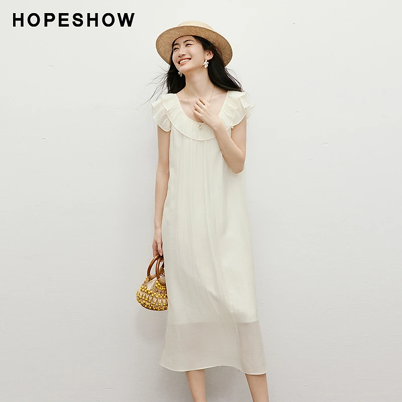 红袖2025夏款女装 肌理感木耳边拼接大圆领无袖连衣裙90125161606