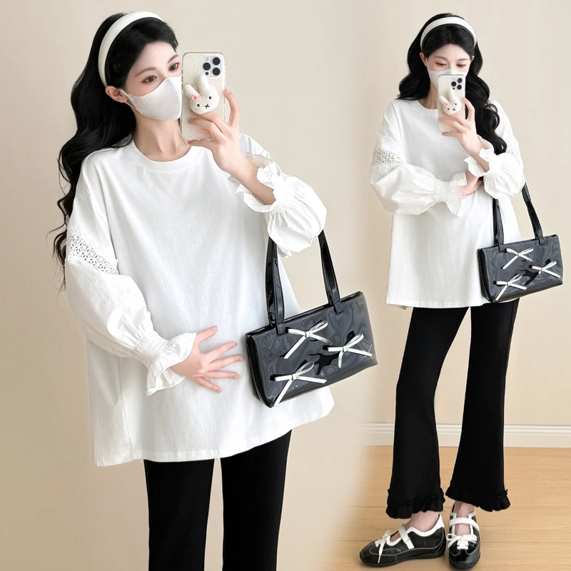 大码孕妇装套装春秋季新款白色蕾丝拼接上衣孕期不显怀穿搭200斤