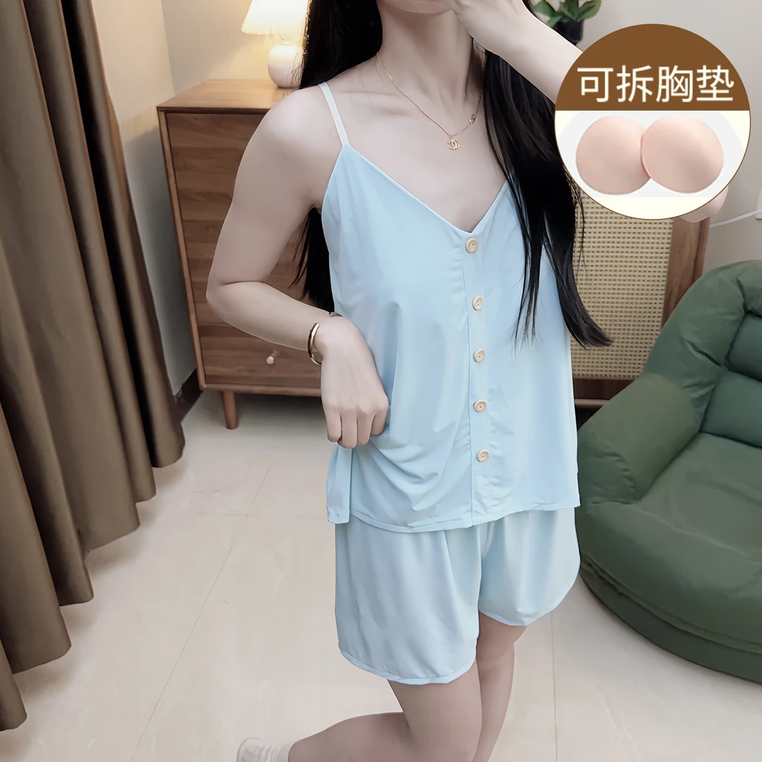 baby蓝睡衣女夏季天性感凉感冰丝吊带胸垫2025新款家居服套装