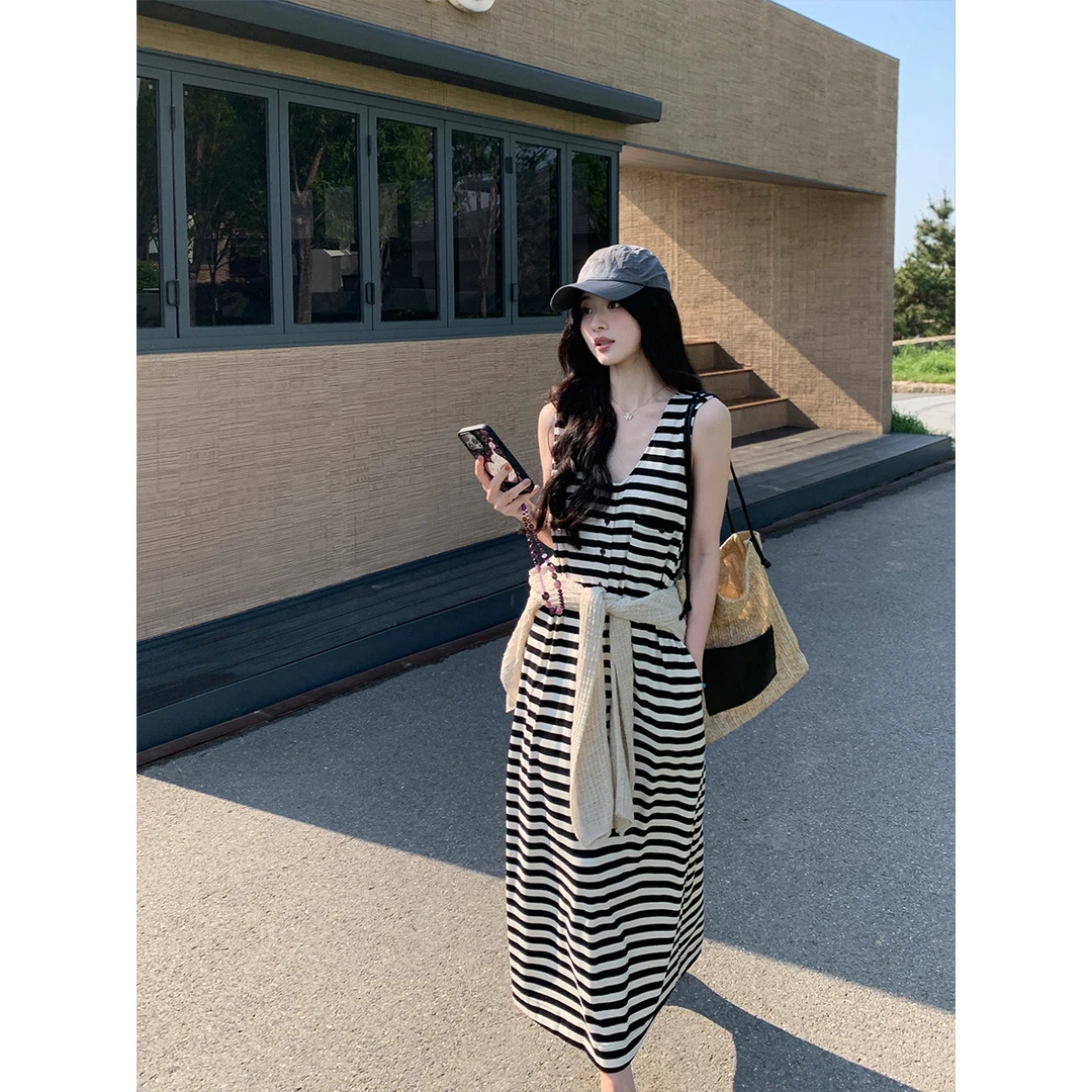 夏诗文 亚麻莱赛尔天丝无袖U领A字连衣裙条纹长裙女
