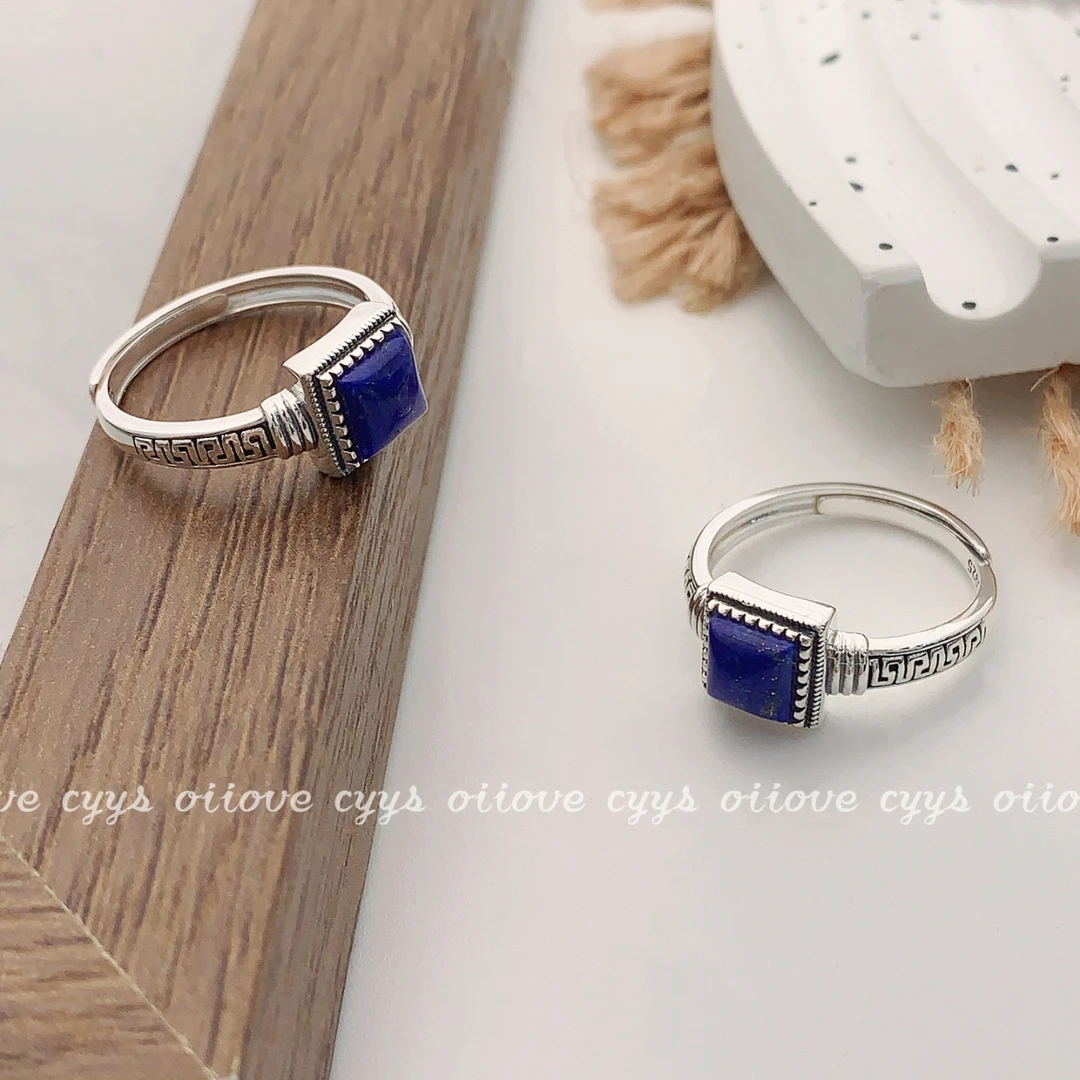 S925通体银镶嵌青金石戒面复古精致款国潮风格开口戒指