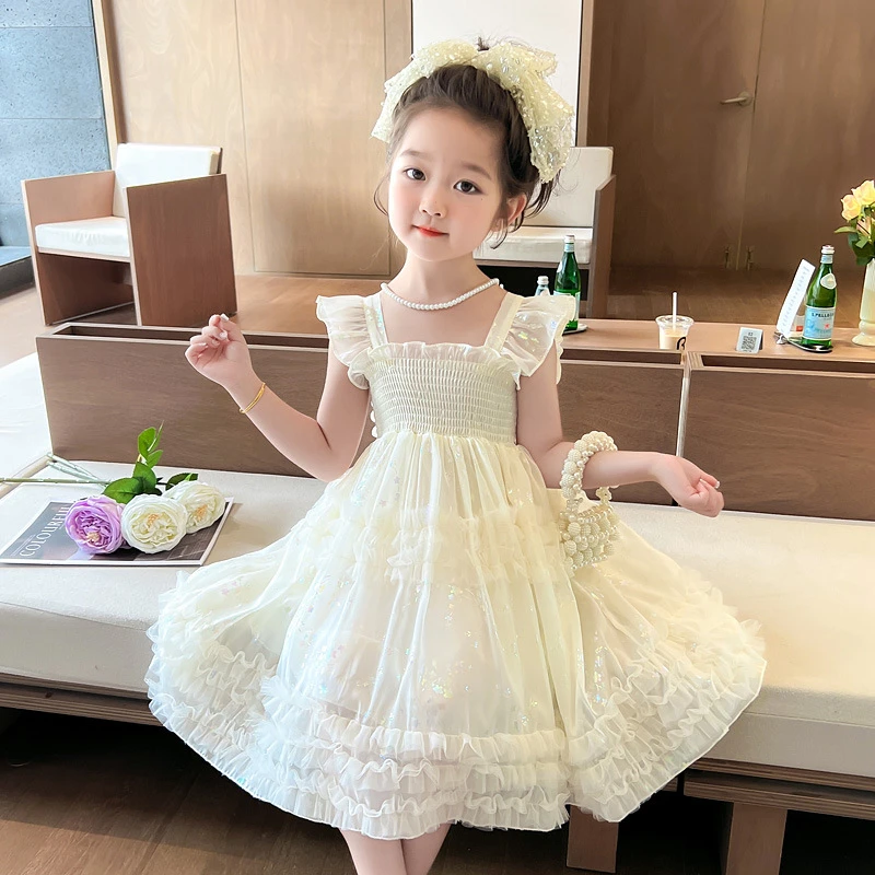 女童夏季连衣裙2025新款翅膀吊带公主裙女孩花边礼服蓬蓬裙子