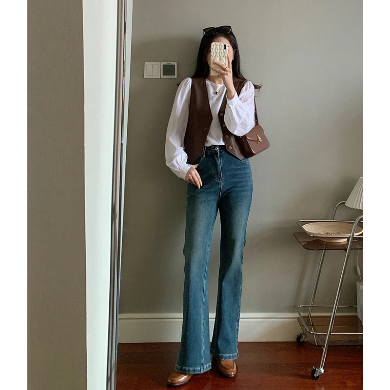 花总吖 【人鱼线】秋季新款高腰窄版复古蓝微喇牛仔裤R423Z05136