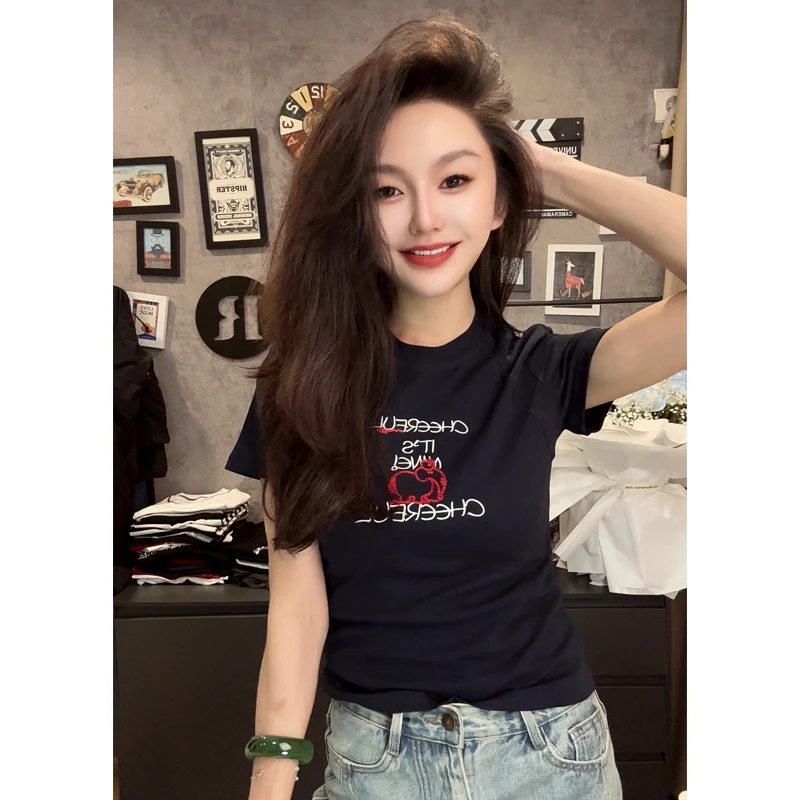 字母刺绣短袖T恤女烫钻大象修身显瘦透气舒适百搭上衣