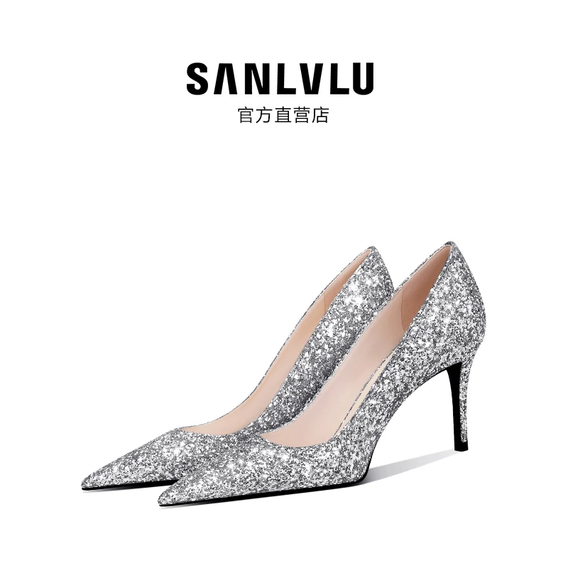 SANLVLU金昌 银色水晶高跟鞋女2025秋新款仙女订婚鞋主婚纱单鞋