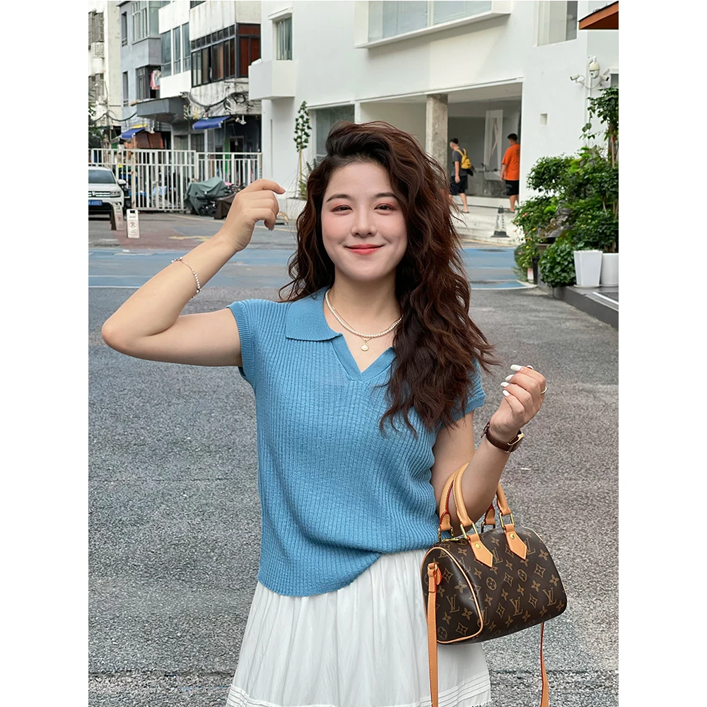 WenWen小个子韩系简约减龄翻领显瘦百搭休闲针织衫上衣3928