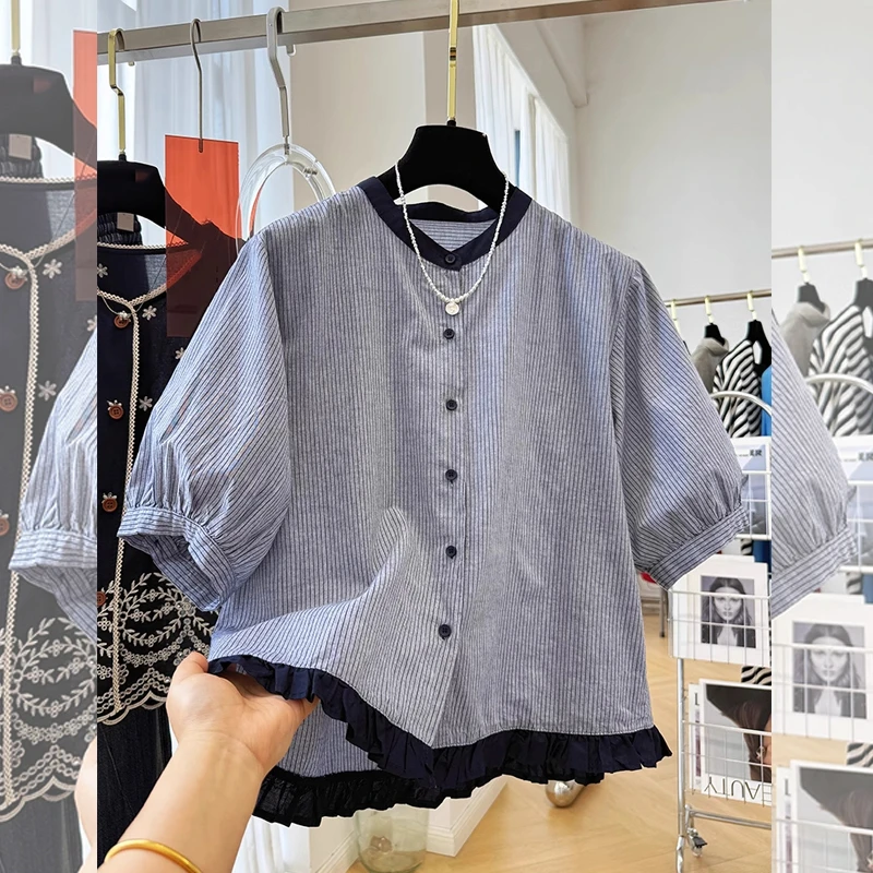 撞色条纹宽松短袖下摆花边衬衫女夏季新品设计感减龄气质显瘦上衣